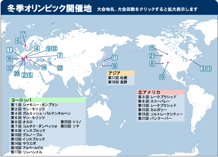 冬季オリンピック開催地マップ（一覧） 大会地名、大会回数をクリックすると拡大表示します